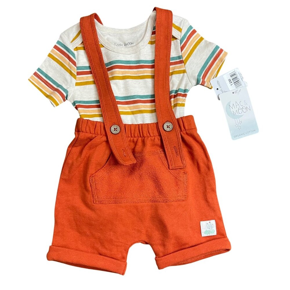 Mac & Moon Striped Top & Rust Suspender‎ Shorts Set Baby Size 12M Organic Cotton